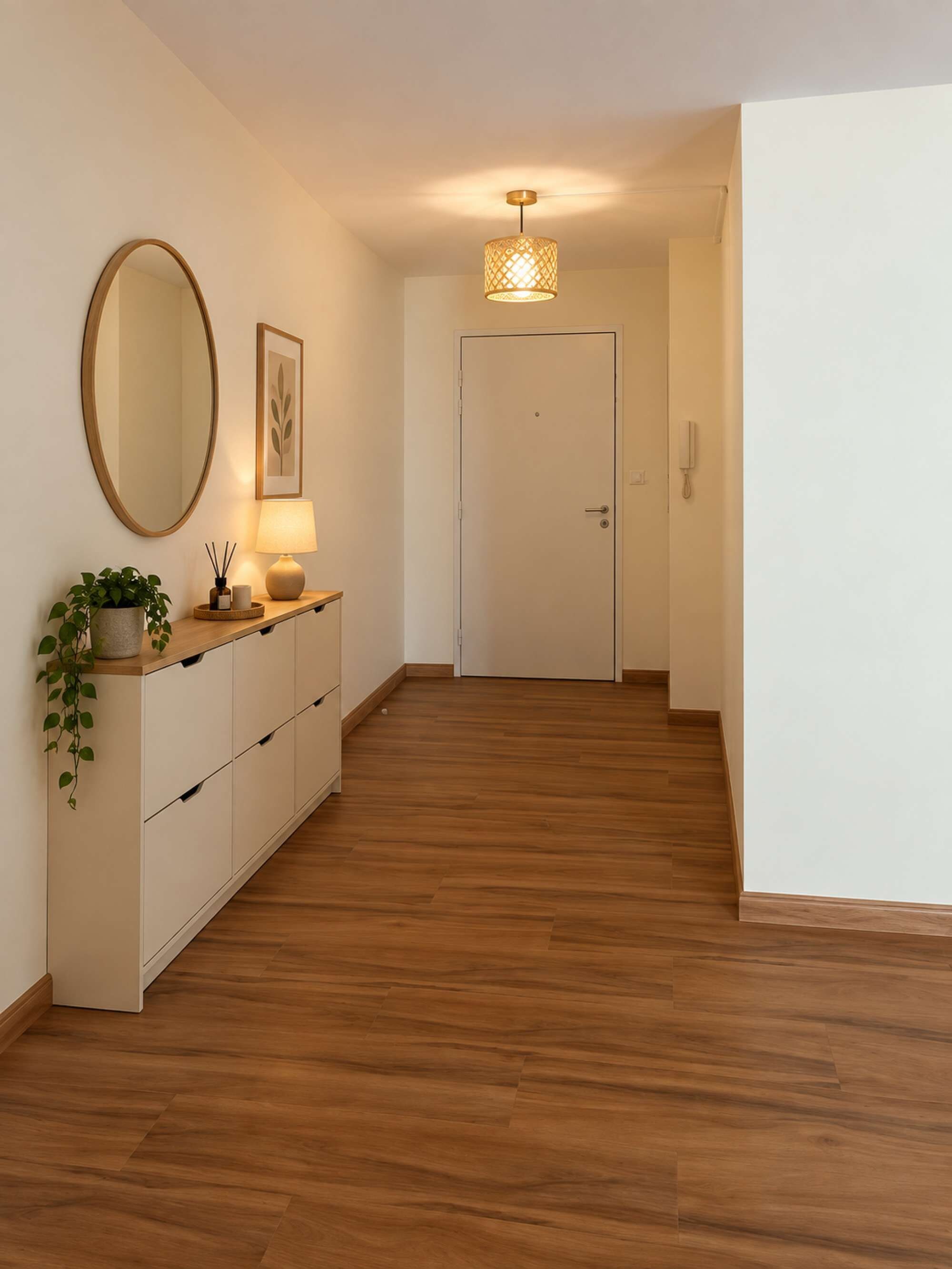 Een hal met houten vloer, een witte deur, een spiegel, een lamp en een lijst met een afbeelding aan de muur.