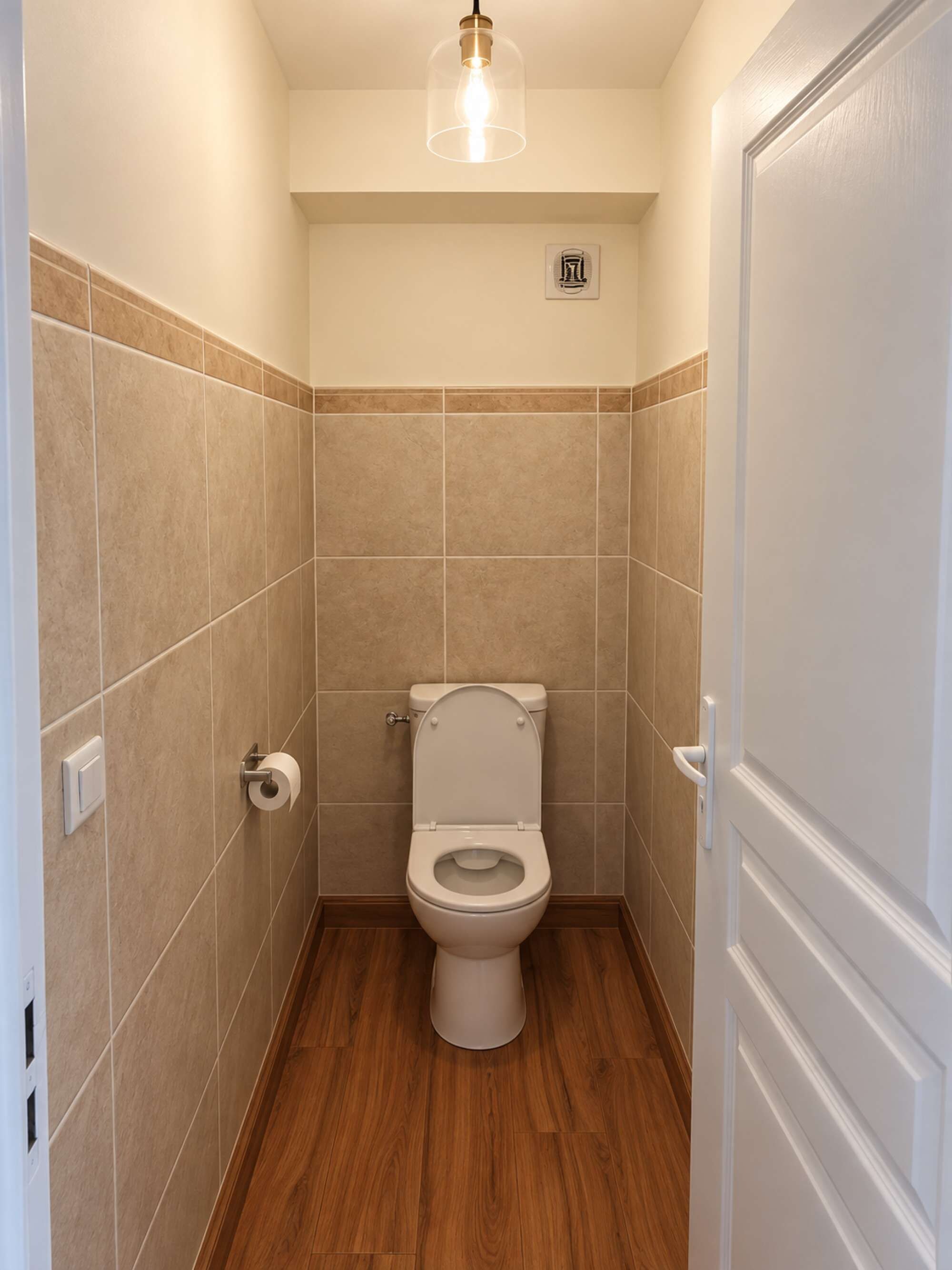 Ein kleines, schmales Badezimmer mit Toilette, einer Toilettenpapierrolle und einer Deckenleuchte.