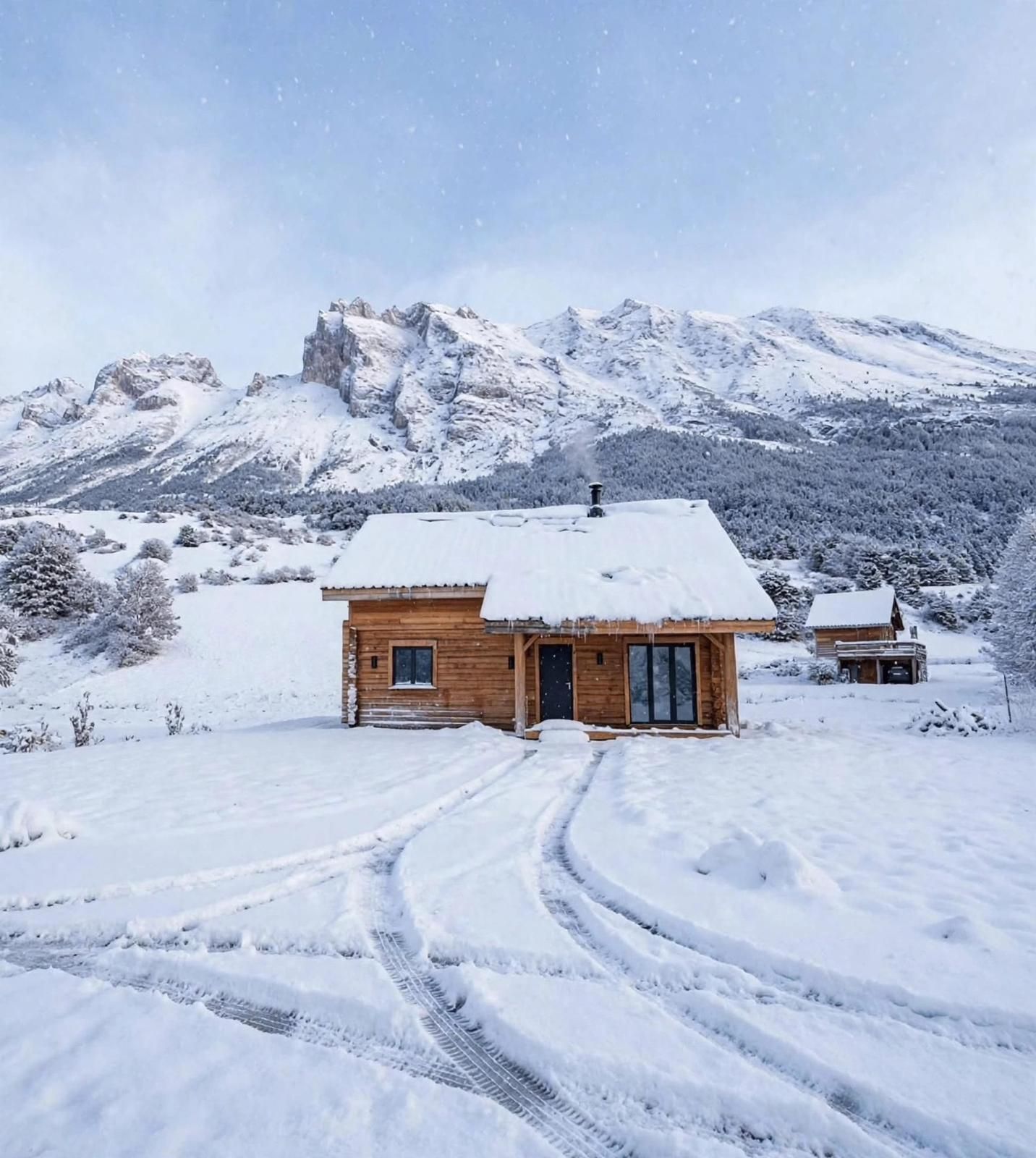 Une cabane en bois, dont le toit est recouvert de neige, avec une cheminée, et qui offre une vue dégagée sur les montagnes enneigées en arrière-plan.