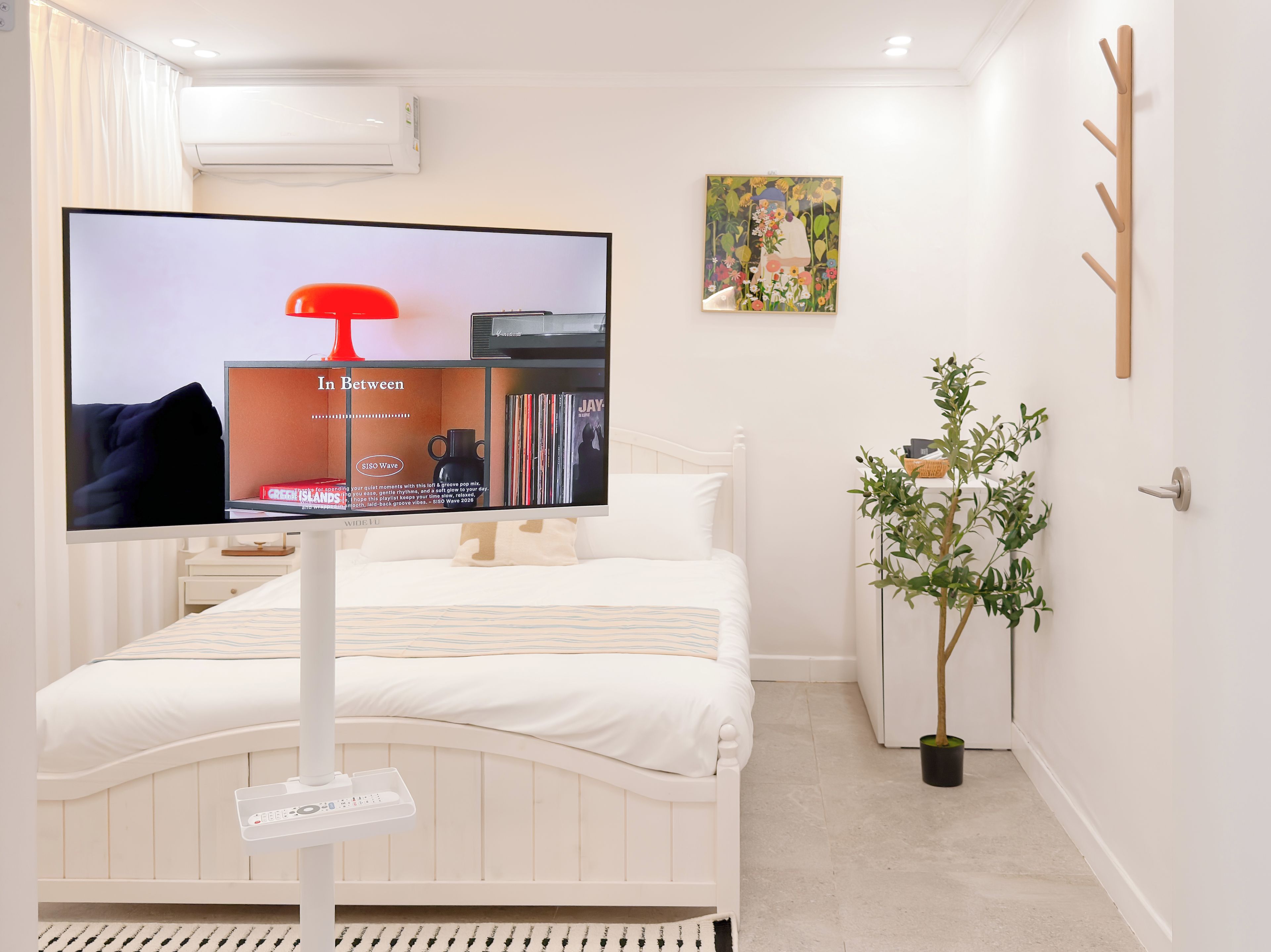 A modern bedroom with a bed, a TV mounted on a stand, a plant, and a wall-mounted coat rack.