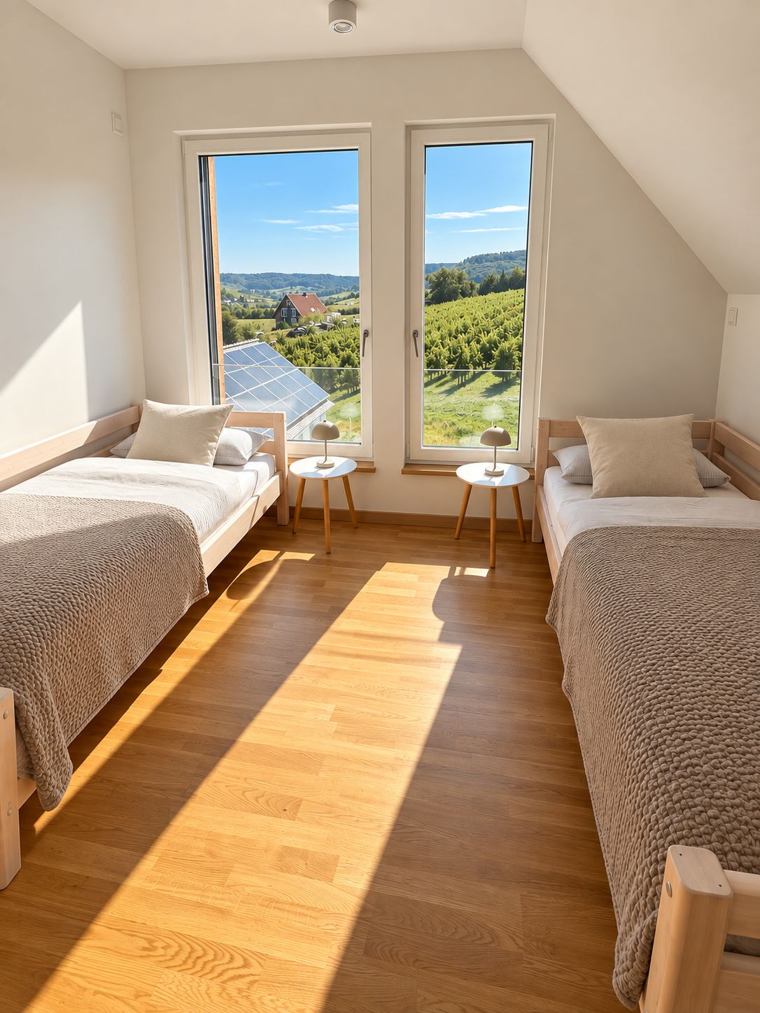 Un dormitorio con dos camas, una mesita y vistas a un viñedo a través de amplias ventanas.