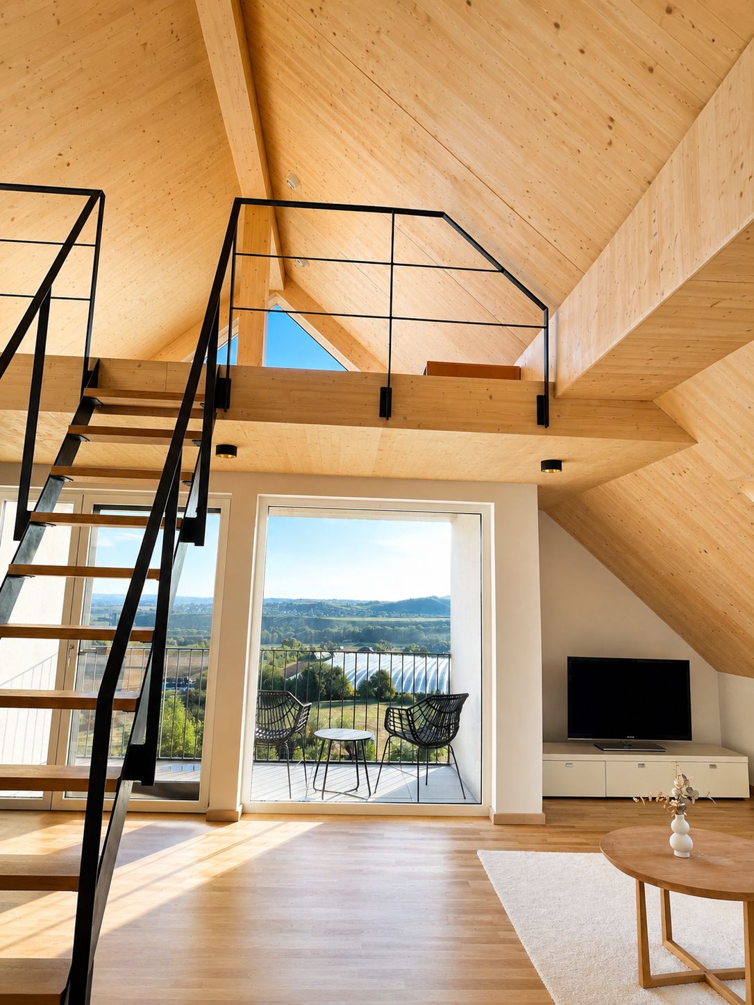 A spacious loft with a wooden interior, a mezzanine level, a balcony with a view, and a flat-screen TV.