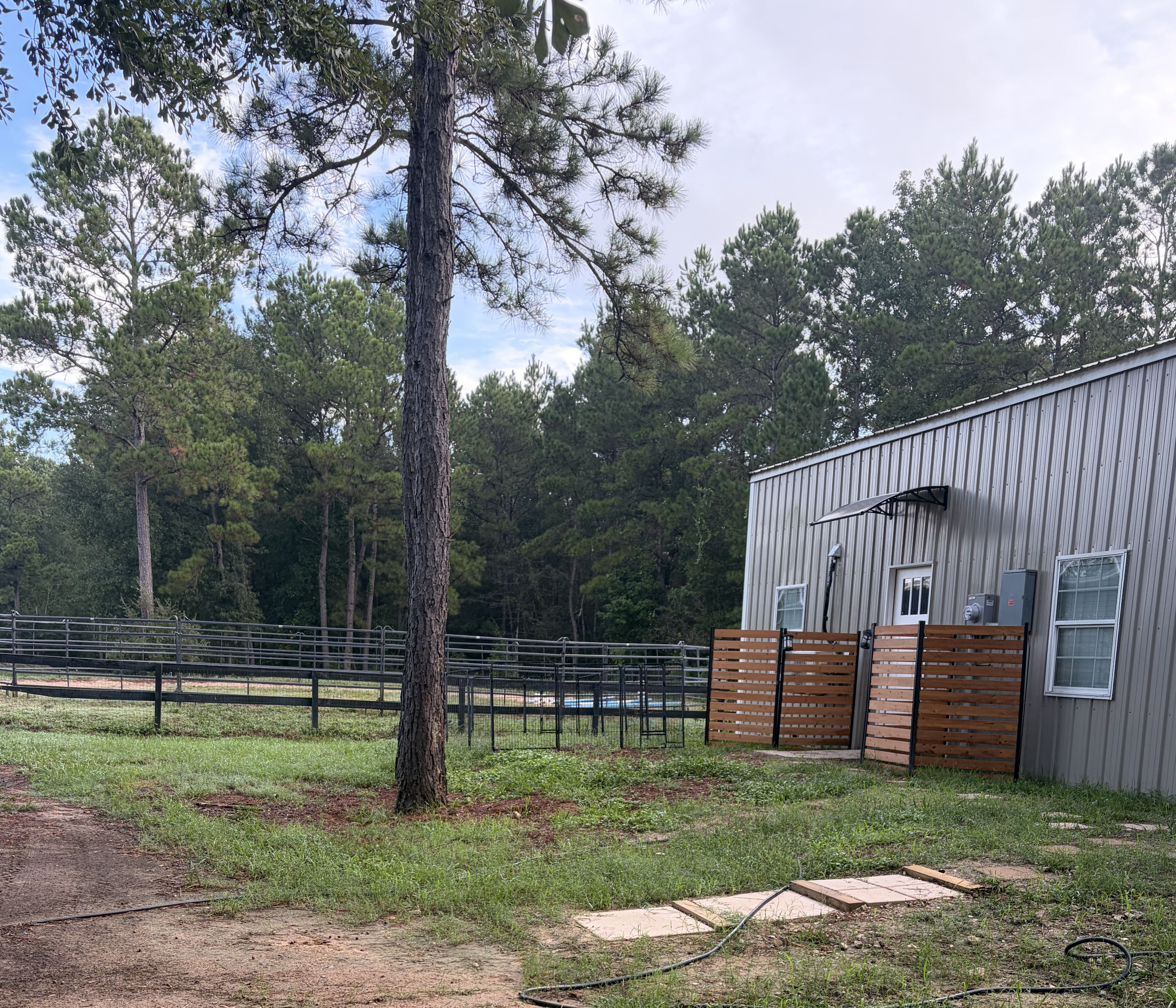 A fenced outdoor area with a building, a tree, and a paved path.