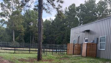 A fenced outdoor area with a building, a tree, and a paved path.