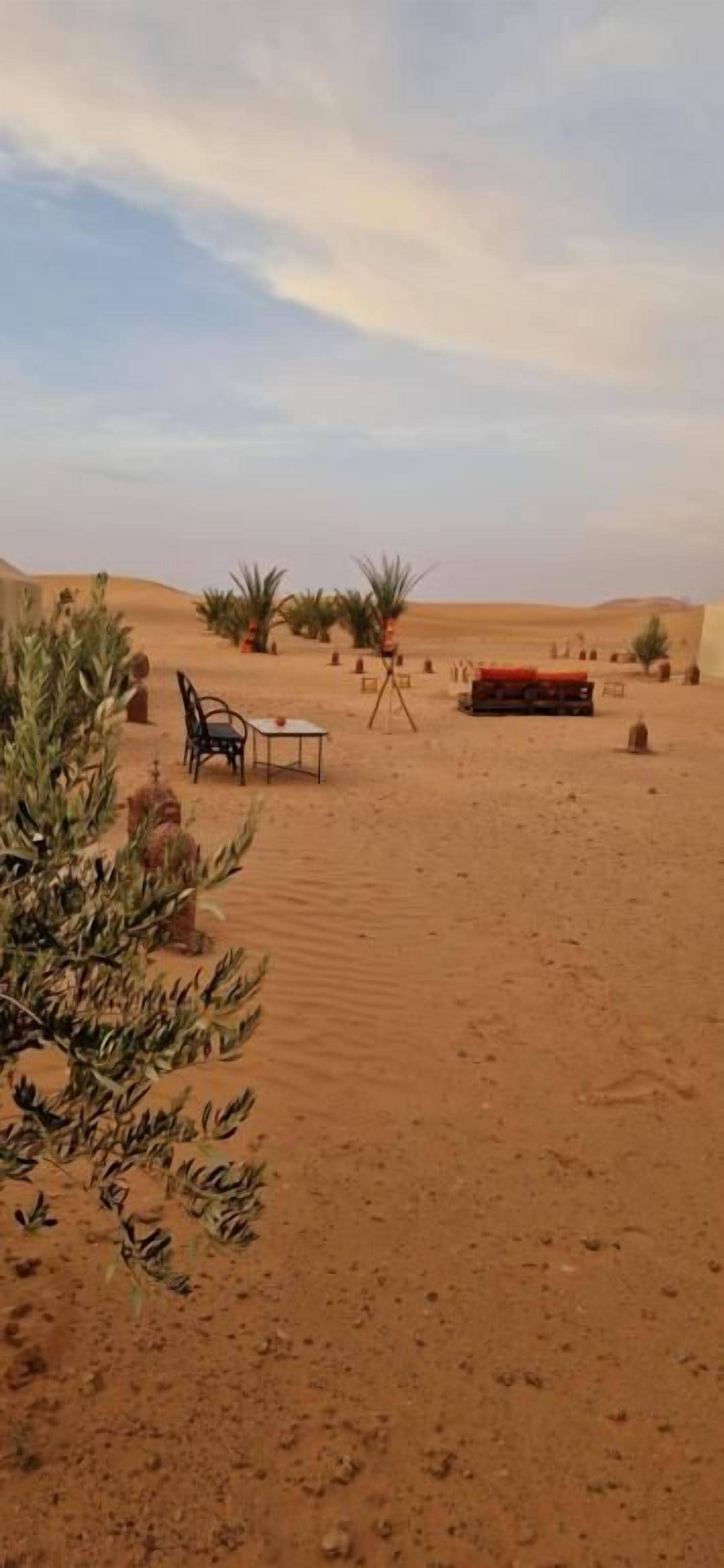 A desert landscape with a table and chairs set up for outdoor dining, surrounded by sparse vegetation and a clear sky.