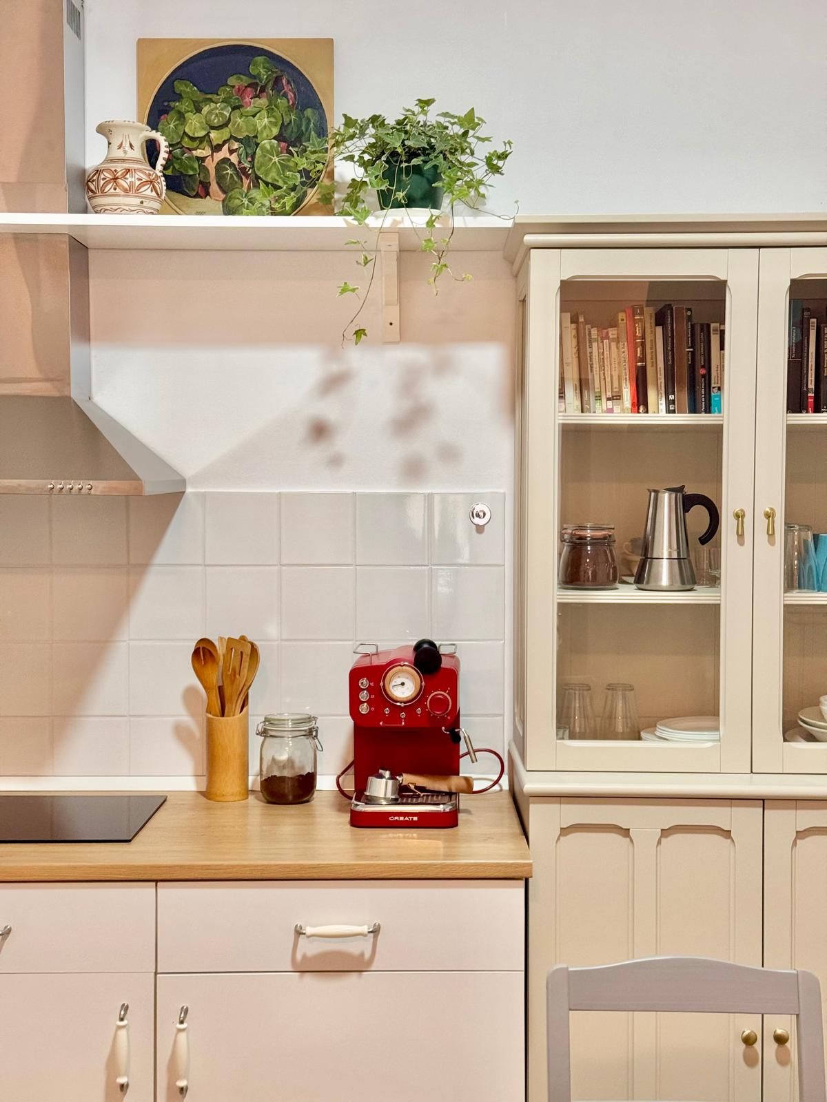 Une cuisine équipée d’une machine à café, d’une bibliothèque et d’une plante.