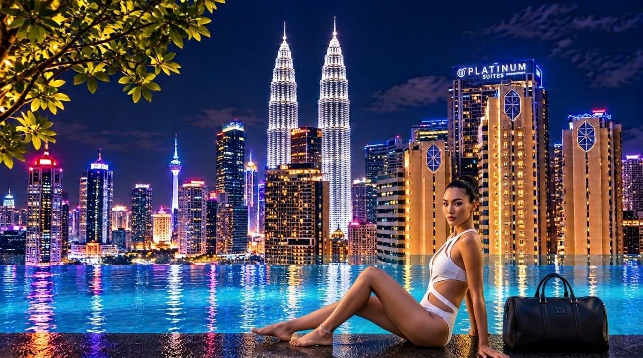 Una mujer sentada junto a una piscina, con el horizonte de la ciudad al fondo, incluyendo las Torres Petronas.