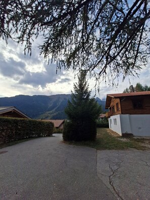 Un barrio residencial con un camino pavimentado que conduce a una casa de madera con techo inclinado.