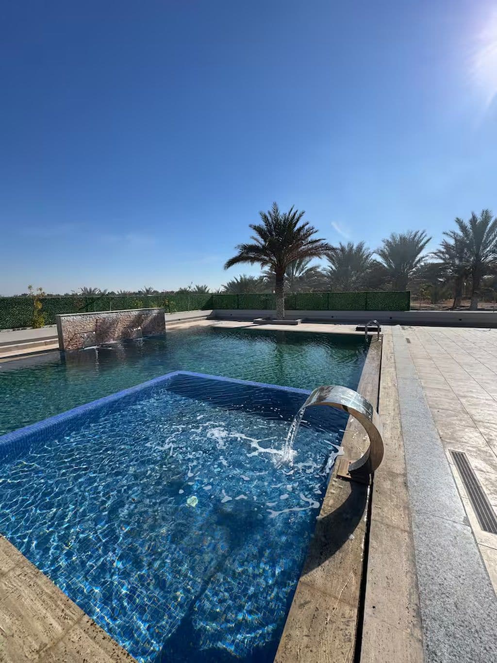 Una piscina con agua cristalina, rodeada de un solado de baldosas y palmeras.