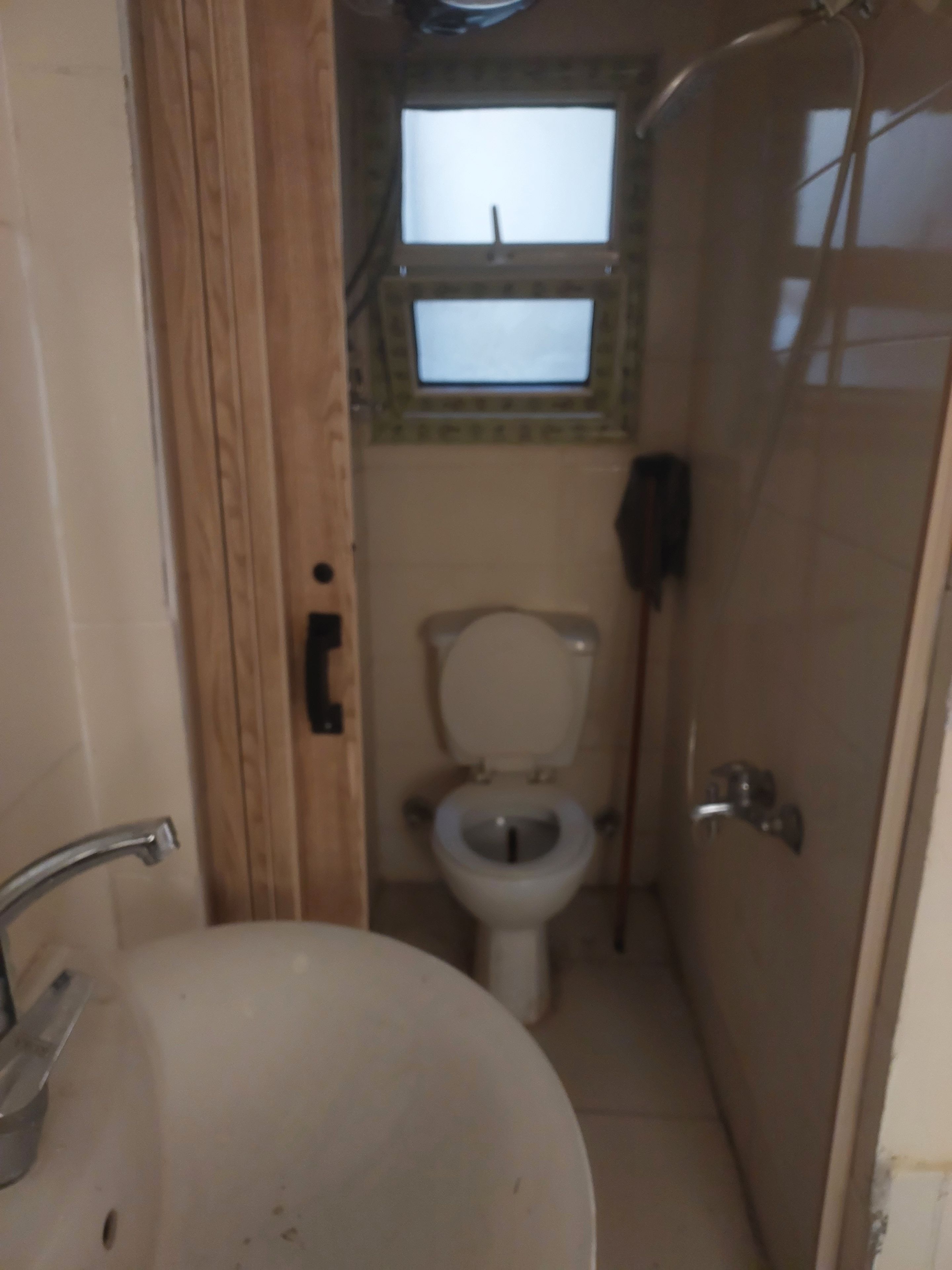 Een kleine badkamer met toilet, wastafel en douche.