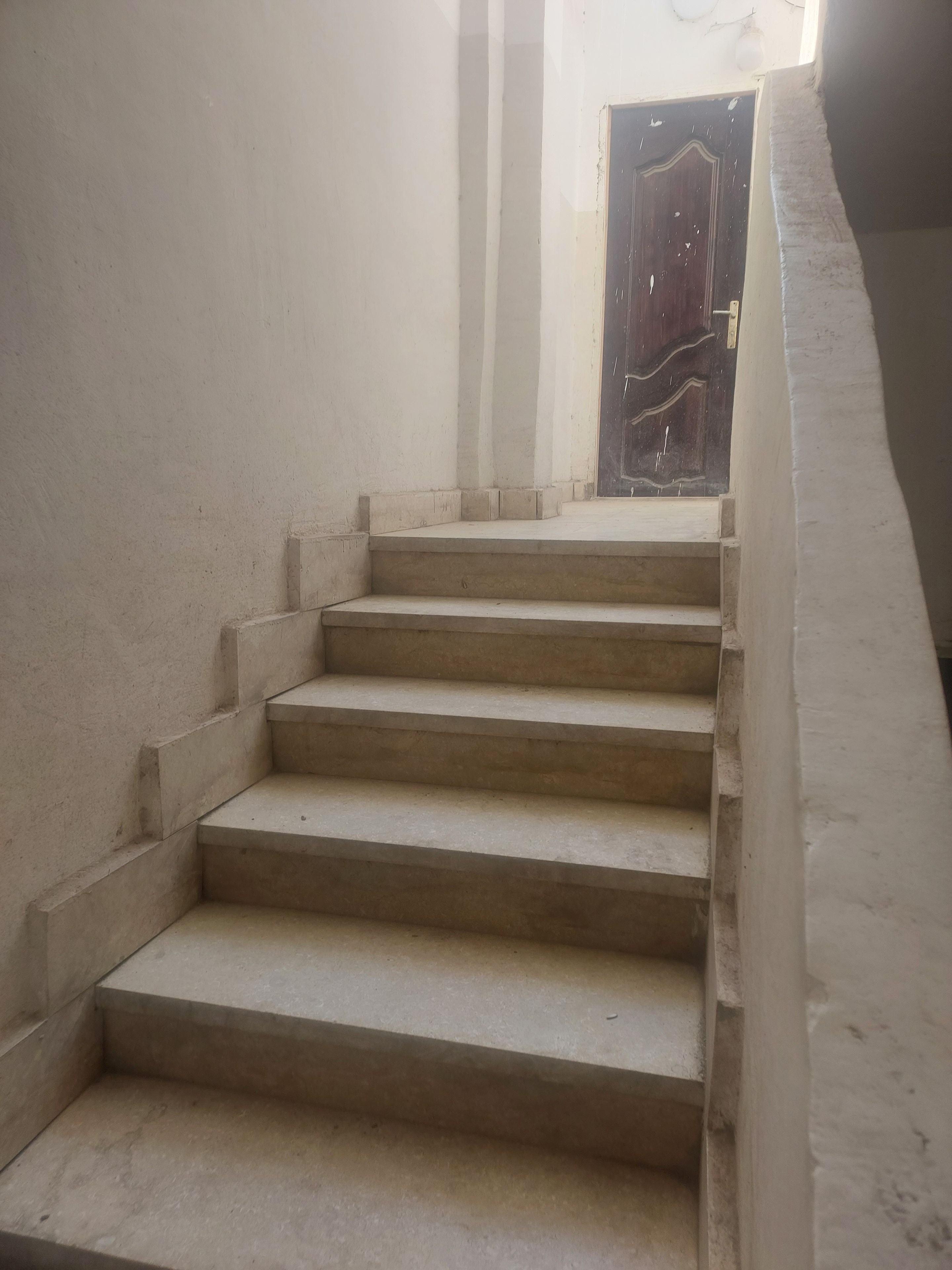 Un escalier menant à une porte en bois sombre.