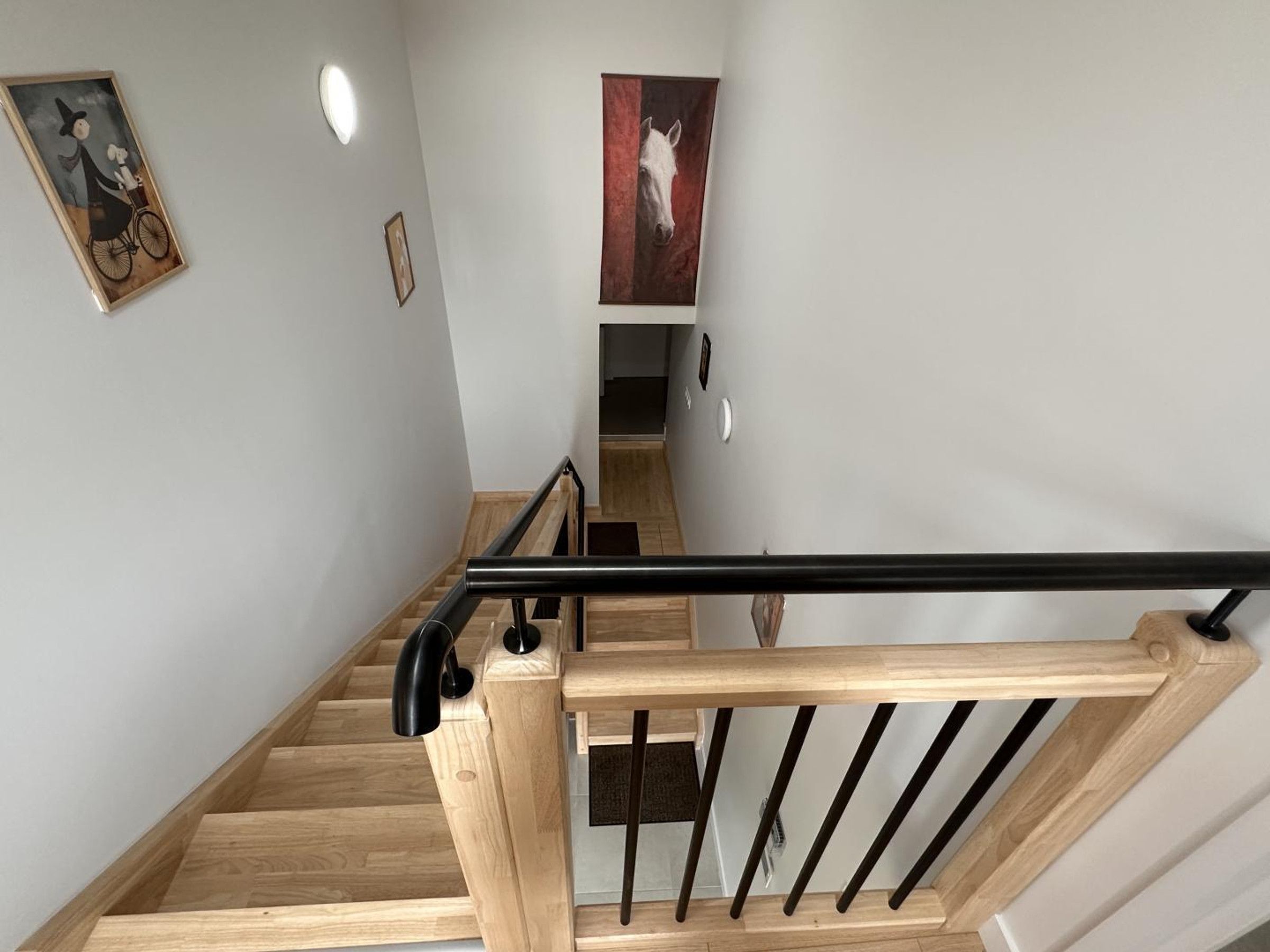 Un escalier en bois avec une rampe noire, menant à l’étage supérieur.