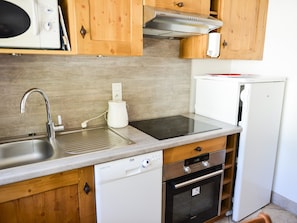 A compact kitchen with wooden cabinets, a stainless steel sink, a dishwasher, a stove, and a refrigerator. - Apartment pet-friendly - 5 guests (Valloire)