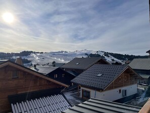 A view of a residential area with wooden houses and a snowy landscape in the background. - Apartment with balcony, mountain view - 6 guests (Les Saisies)