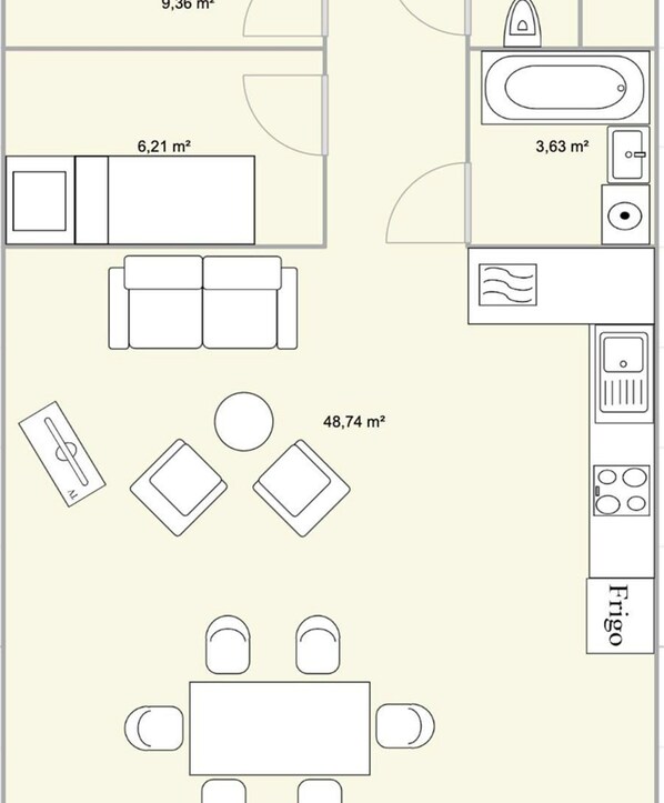 A floor plan with a dining area, kitchen, and a living space. - Apartment with balcony, mountain view - 6 guests (Les Saisies)