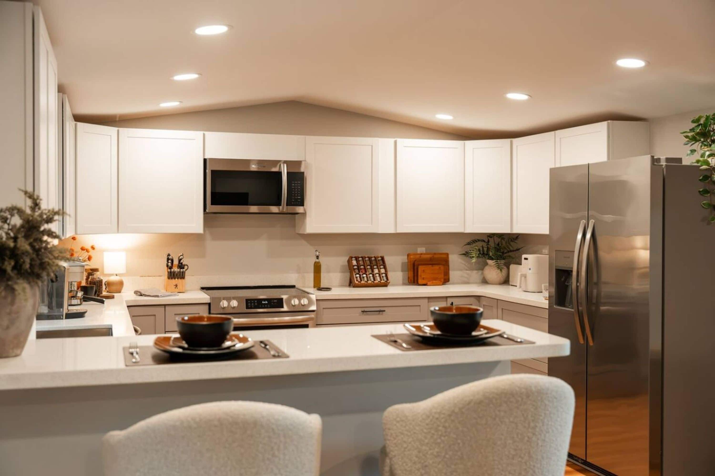 A modern kitchen with white cabinetry, a stainless steel refrigerator, and a central island with seating.