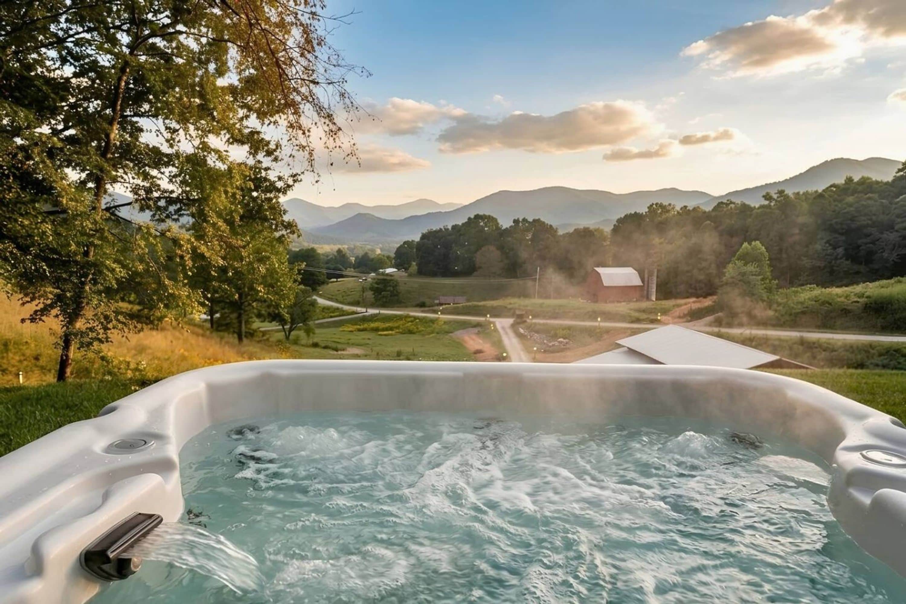 A hot tub with a view of a rural landscape, including trees, a barn, and mountains.