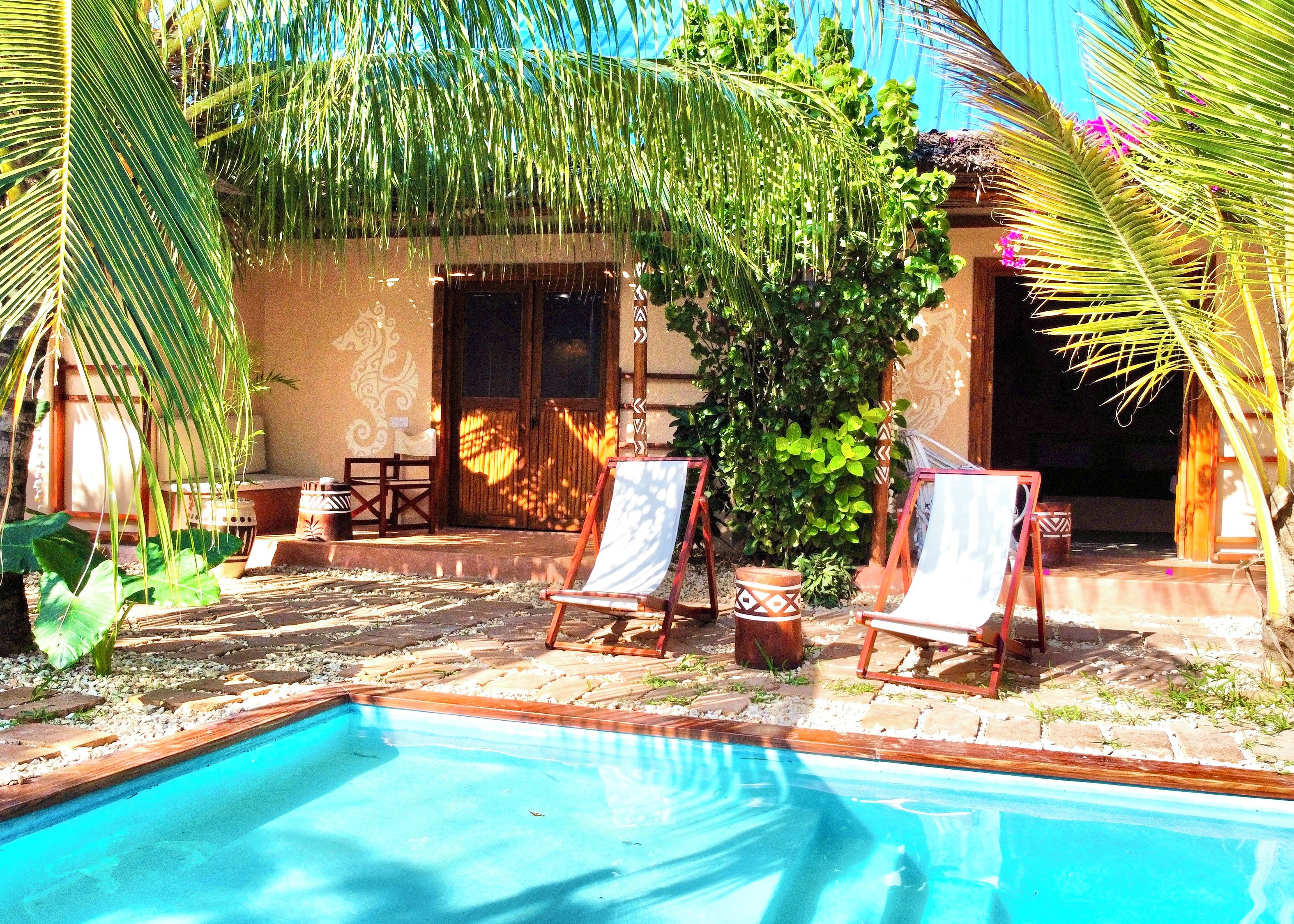 Un área de piscina con dos sillones, una mesita y una planta decorativa.