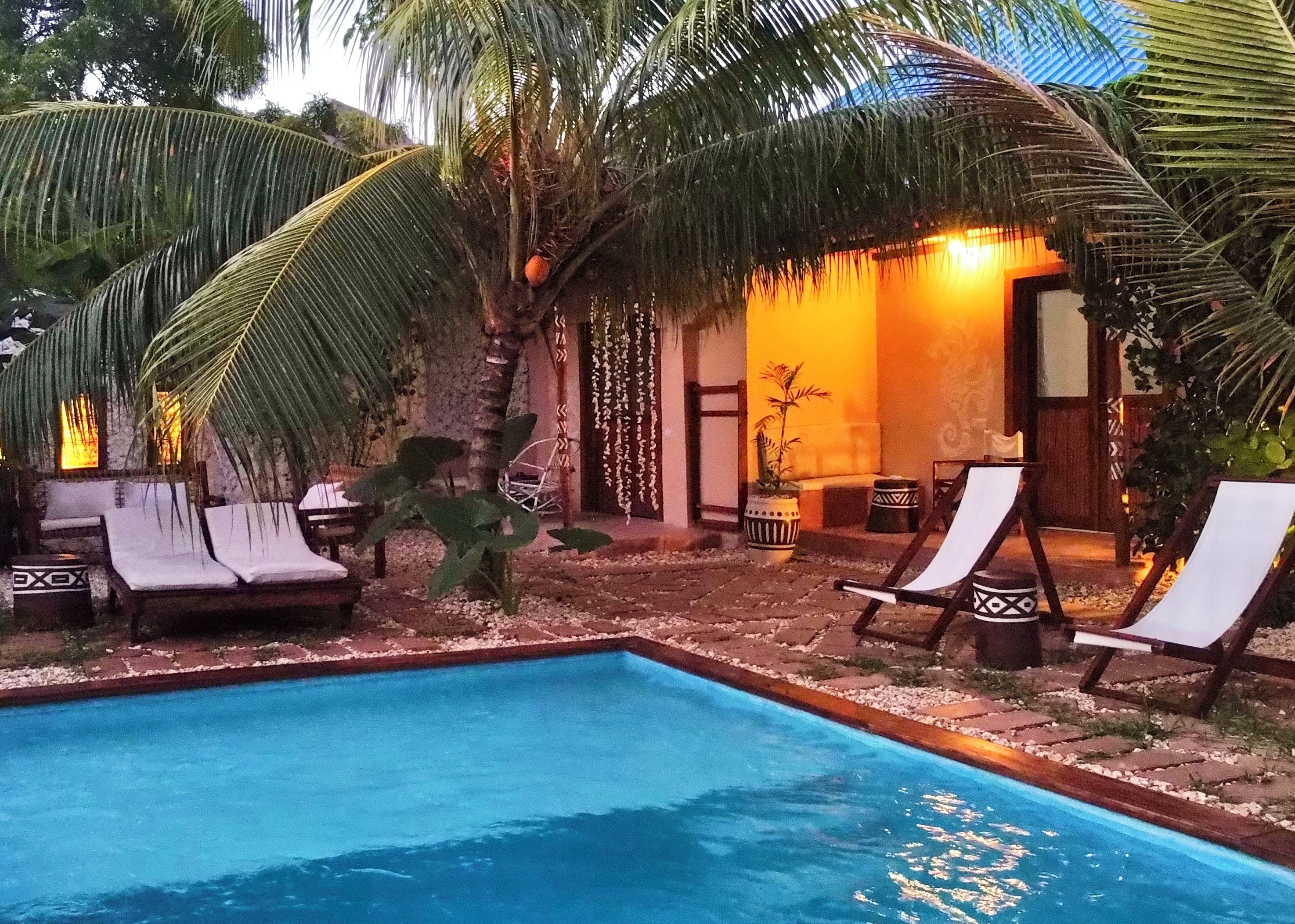 A pool area with lounge chairs, a small table, and a potted plant.