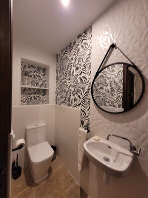 A modern bathroom with a toilet, sink, and mirror. - House with a yard in a quiet neighborhood (Entraigues-sur-la-Sorgue)