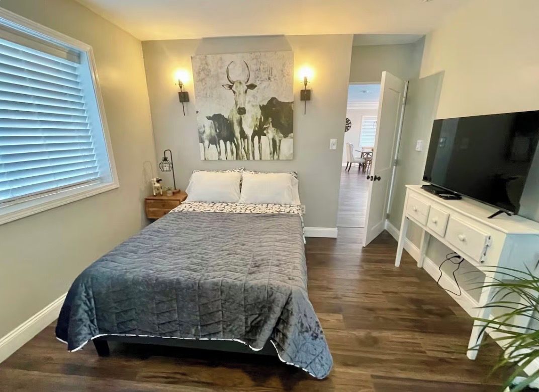 Ein Schlafzimmer mit einem Bett, einem Fernseher, einem Wandbild und einem Fenster mit Jalousien.