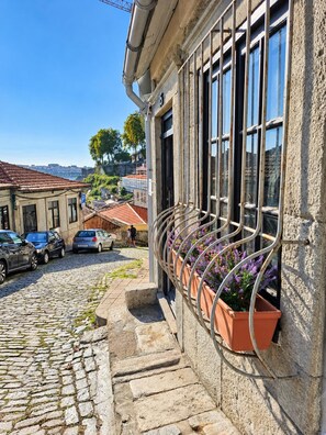 Rua de calçada com carros estacionados, um edifício com fachada de pedra e um corrimão de metal com flores.