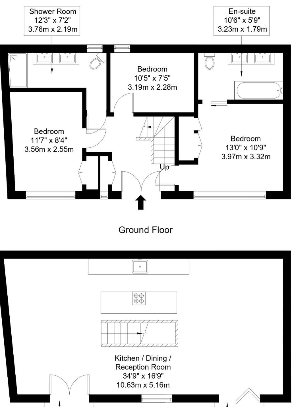 Plano de planta baja con un dormitorio, baño privado, aseo y un espacio multifuncional que combina cocina, comedor y sala de estar.