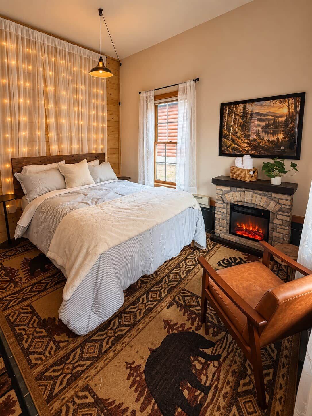 A bedroom with a large bed, a fireplace, a window with curtains, and a mounted painting.