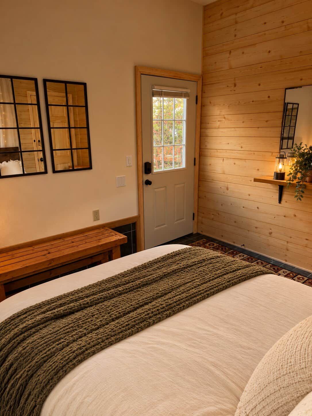 Un dormitorio con puerta de madera, un banco, una cama con manta tejida y una estantería con lámpara.