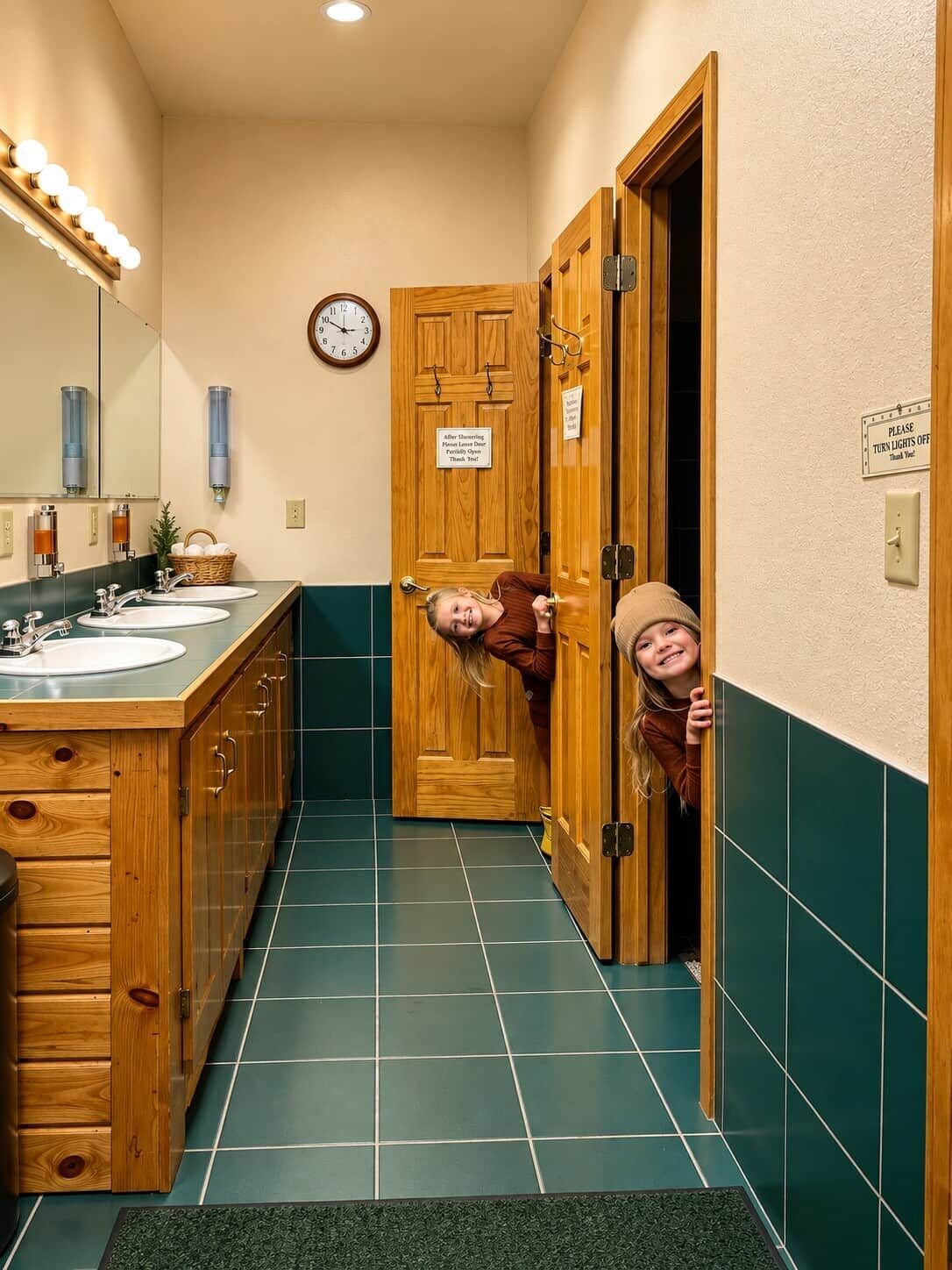 A bathroom with wooden cabinets, a sink, a mirror, and a clock on the wall.
