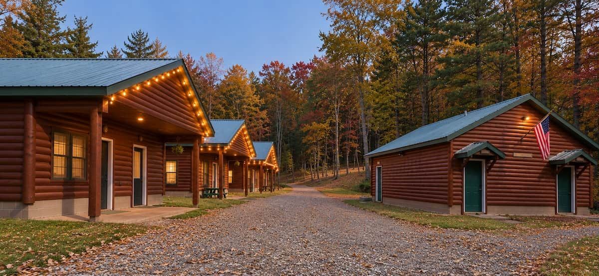 Un hilera de cabañas de madera con un camino de grava, rodeadas de árboles.