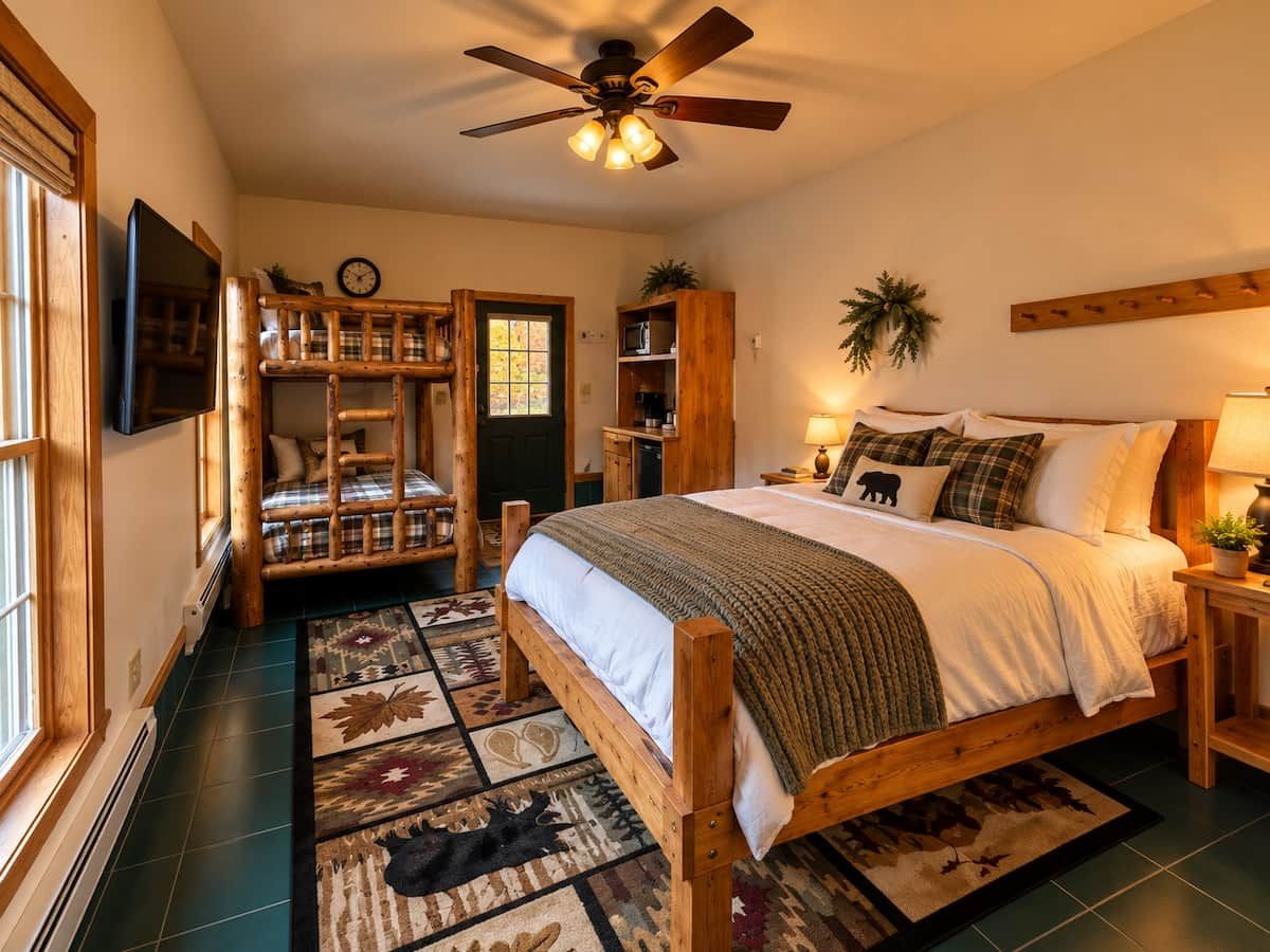 Un dormitorio acogedor con una cama de madera, un ventilador de techo y un amplio ventanal.