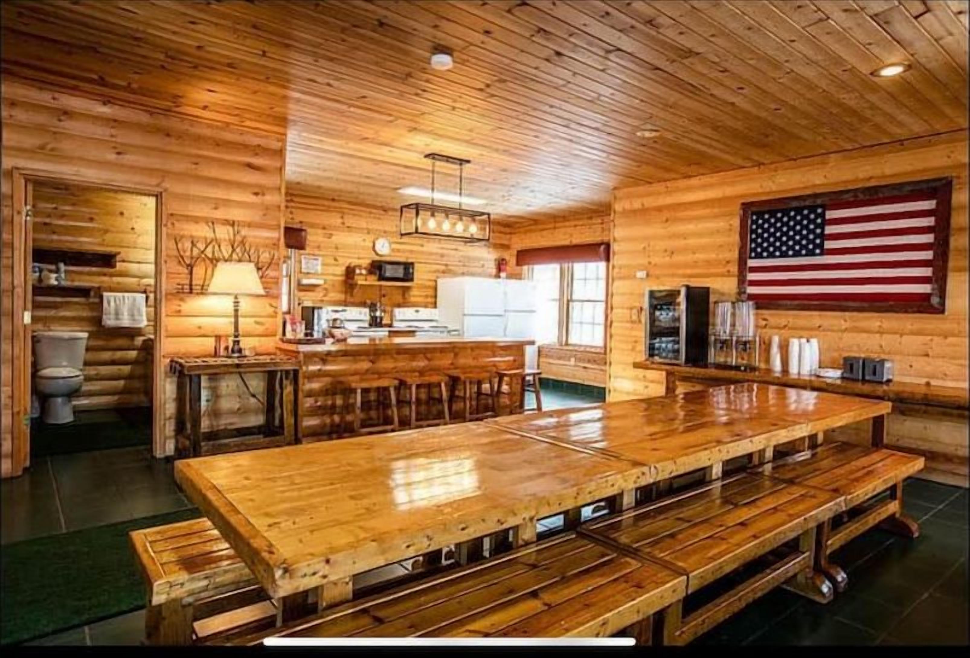 Dining hall with long tables