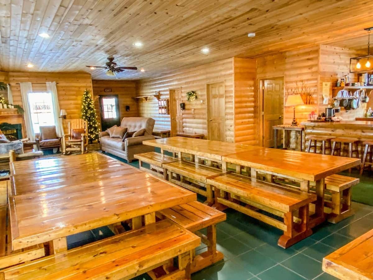 A rustic log cabin interior with wooden tables and benches, a sofa, and a Christmas tree.