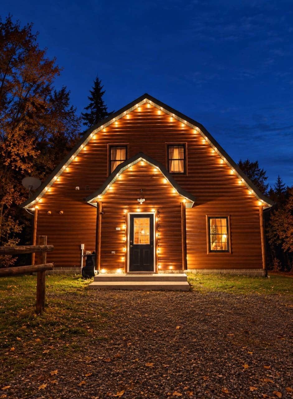 Une cabane en bois avec un porche à l’avant, une porte et des fenêtres.
