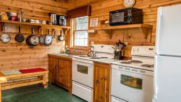 A wooden cabin kitchen with a stove, microwave, and hanging pots.