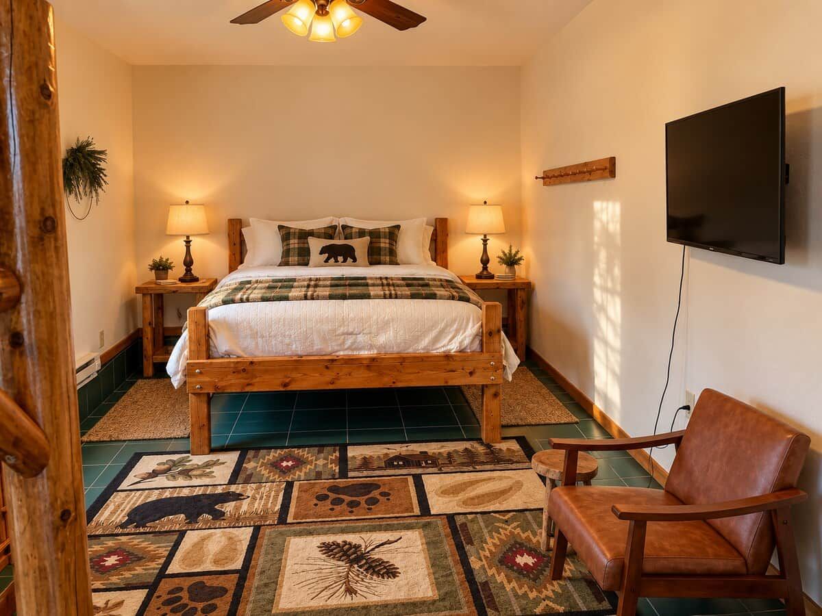 A bedroom with a wooden bed, two bedside tables with lamps, a television on the wall, and a patterned rug.