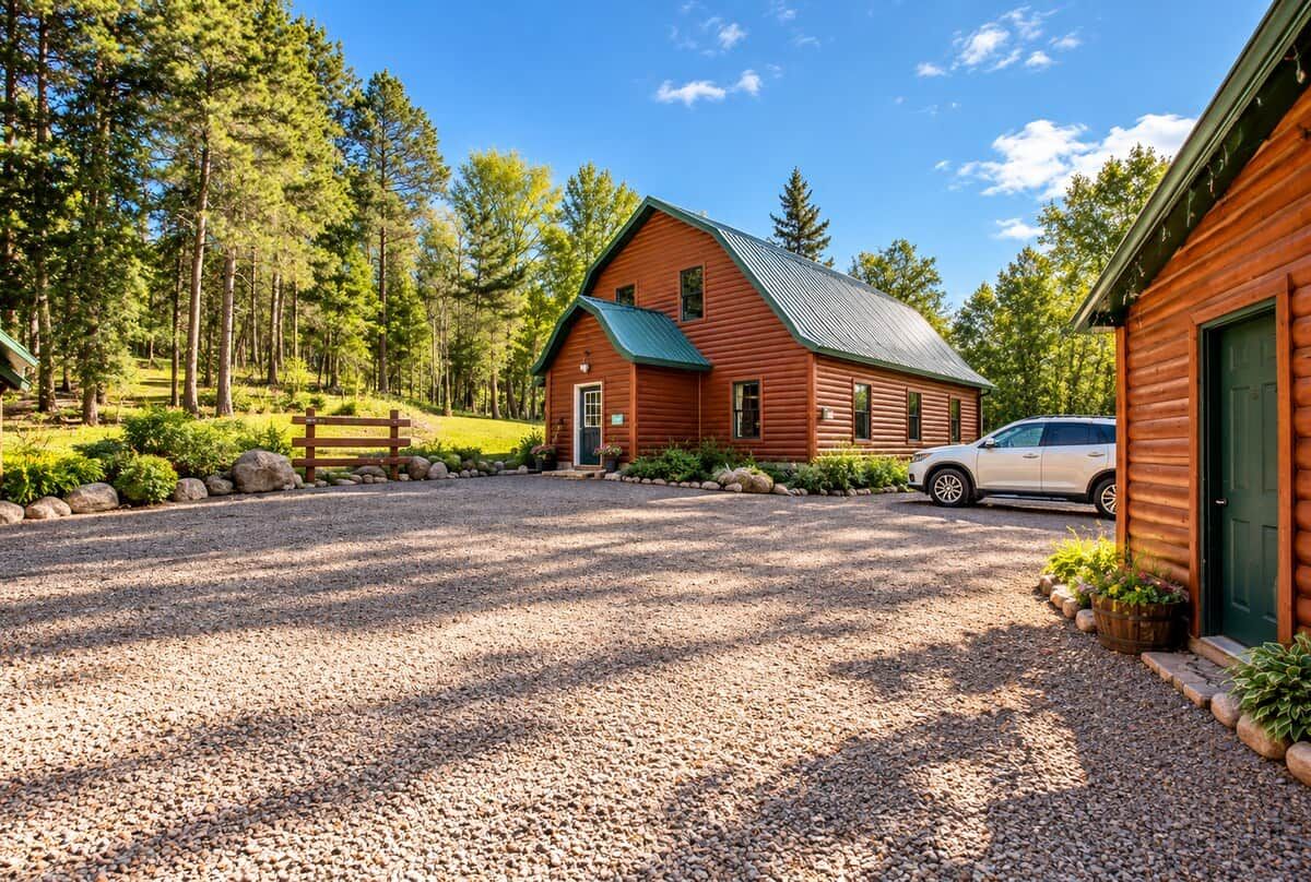 A red wooden cabin with a gravel driveway, surrounded by trees and a wooden fence.