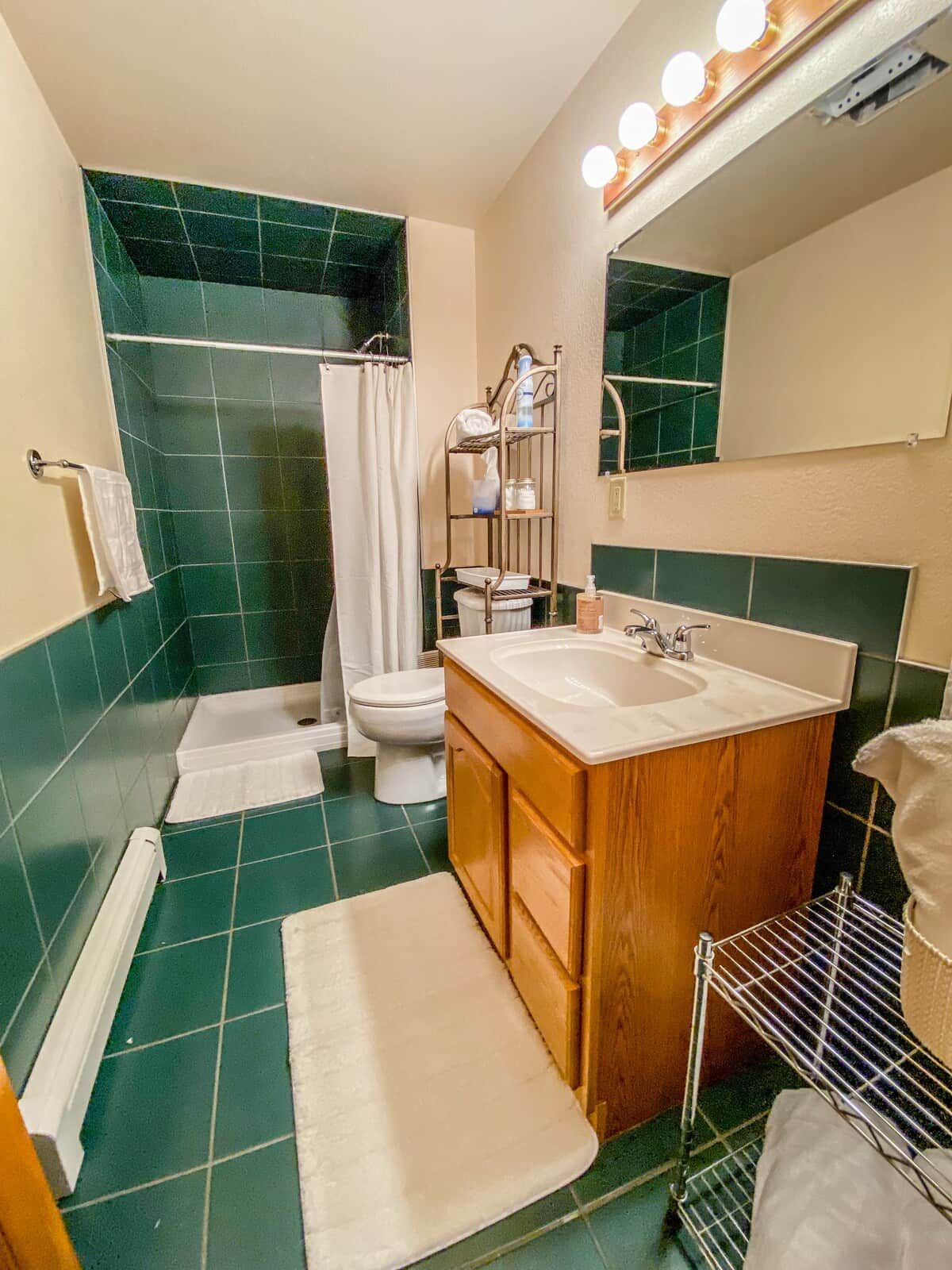 Un baño con ducha, inodoro, lavabo y un espejo con iluminación.