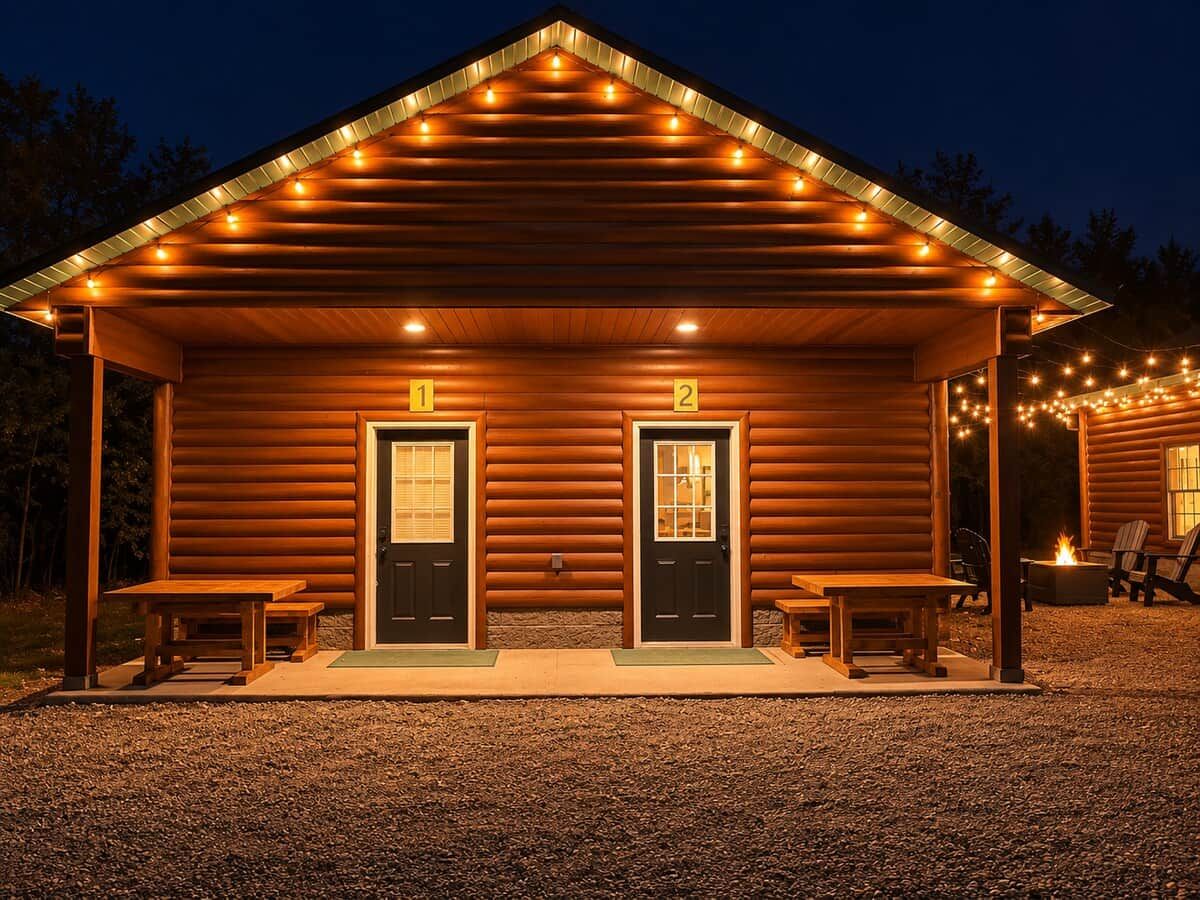 Eine Blockhütte mit zwei Türen, einer Veranda mit Bänken und Lichterketten.