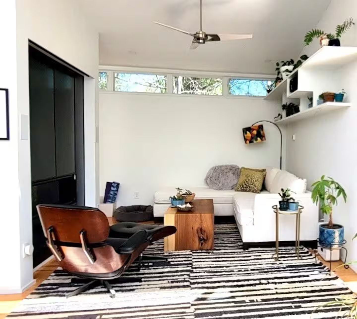 A modern living room with a sofa, a leather chair, a coffee table, and a black and white striped rug.