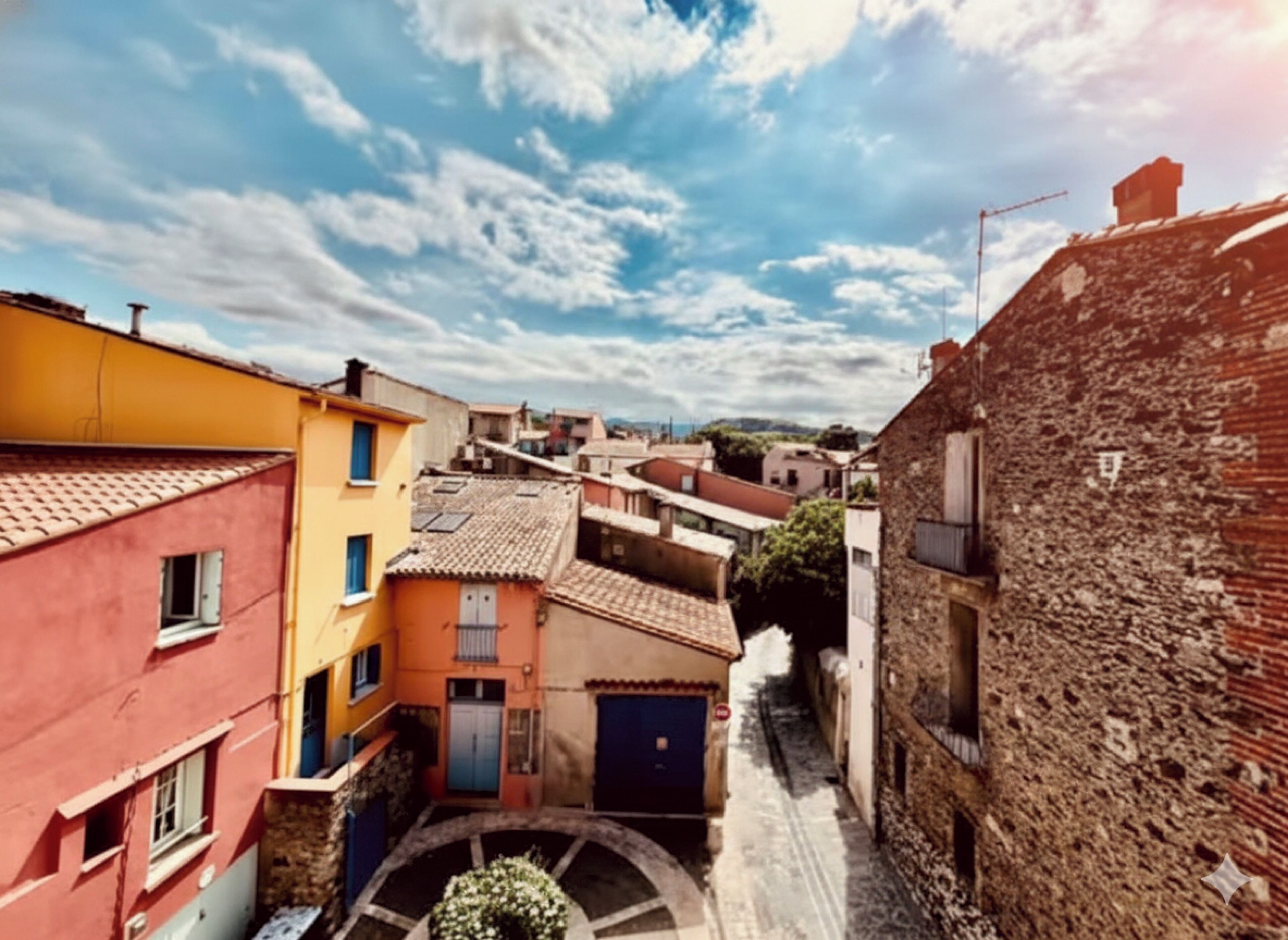 Una calle estrecha flanqueada por edificios, mostrando una mezcla de estilos arquitectónicos y un cielo despejado.