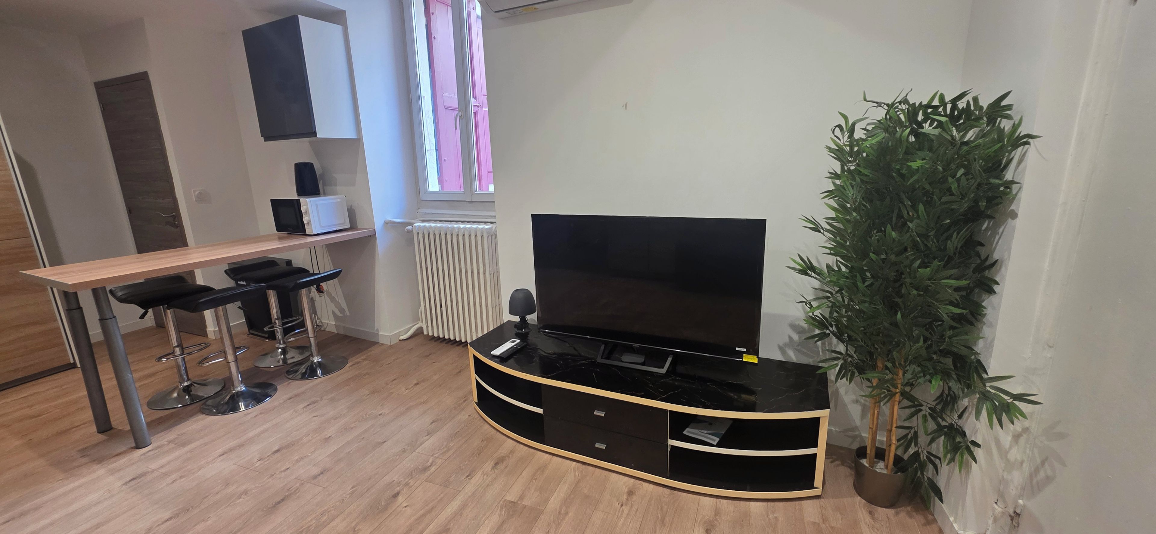 Un saló amb televisió, taula de menjador amb cadires, radiador i una planta en test.