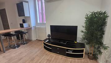 Un saló amb televisió, taula de menjador amb cadires, radiador i una planta en test.