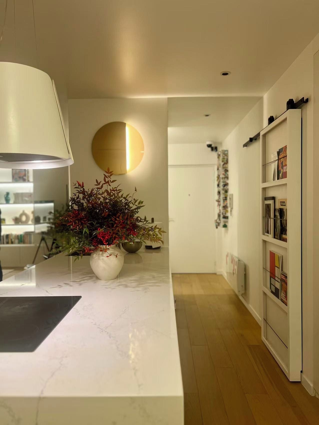Une cuisine moderne avec un plan de travail en marbre, une plante en pot, un luminaire fixé au mur et une bibliothèque.