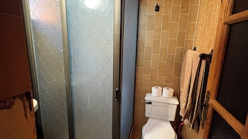 A bathroom with a shower enclosure, toilet, and towel rack.