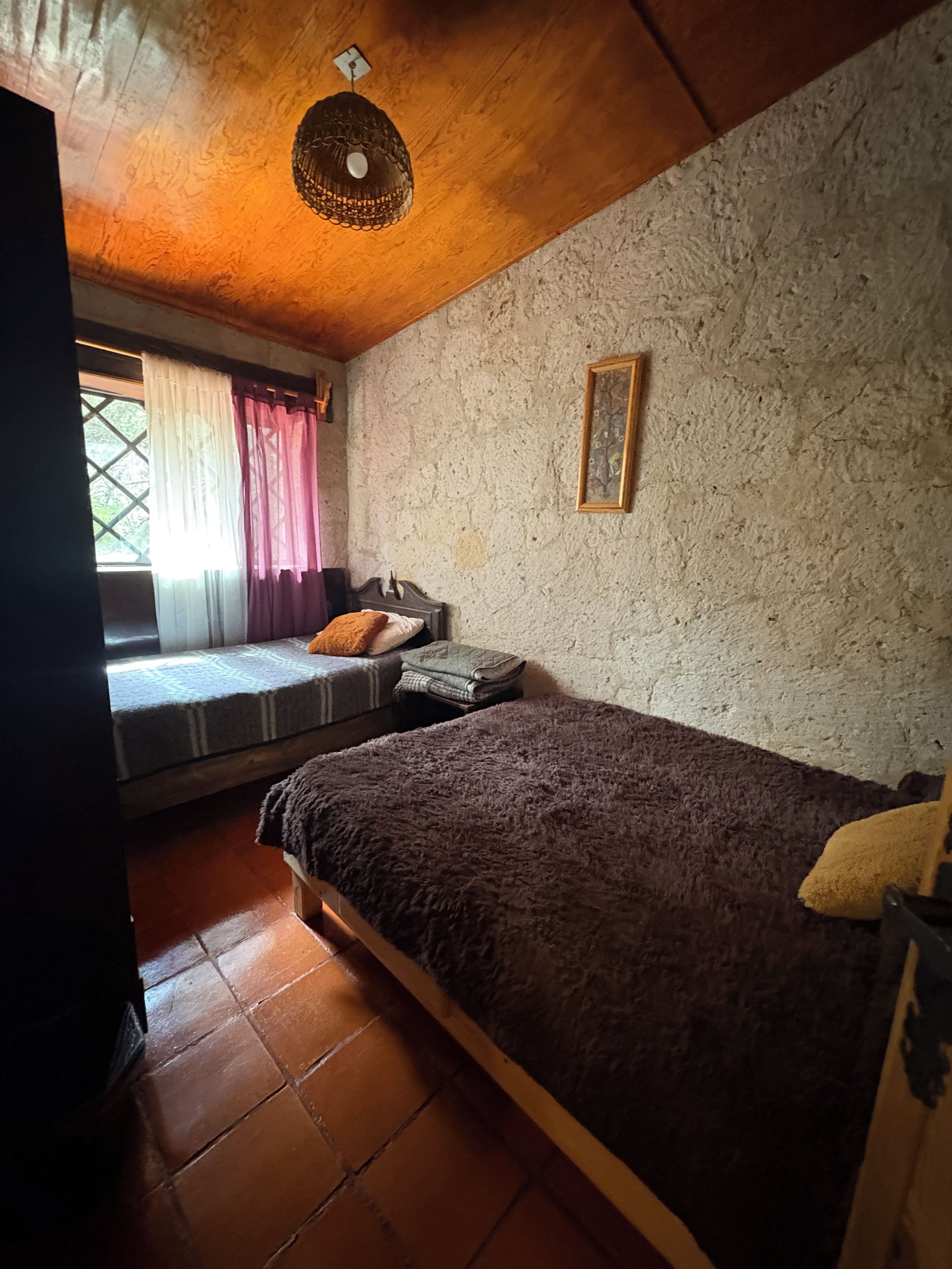 Une pièce comprenant un lit, une fenêtre avec des rideaux, un mur à motifs et un luminaire au plafond.