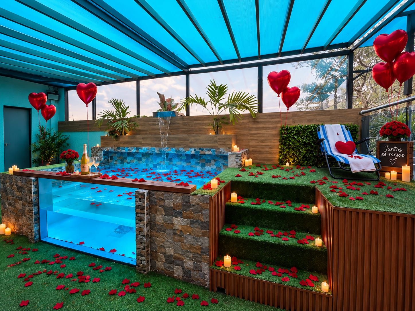 An outdoor hot tub area with a stone wall, artificial grass, and a lounge chair with a heart-shaped cushion.
