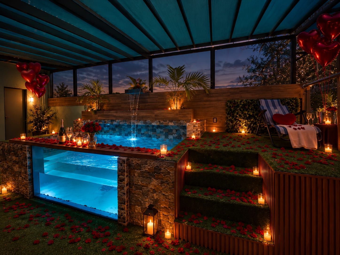 A luxurious outdoor pool area with a waterfall, surrounded by rose petals and candles, and a cozy seating area with a heart-shaped pillow.