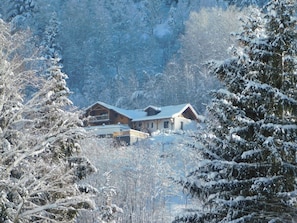 A wooden chalet with a sloped roof, surrounded by snow-covered trees. - Mountain lodge with pool in the Vosges (Ventron)
